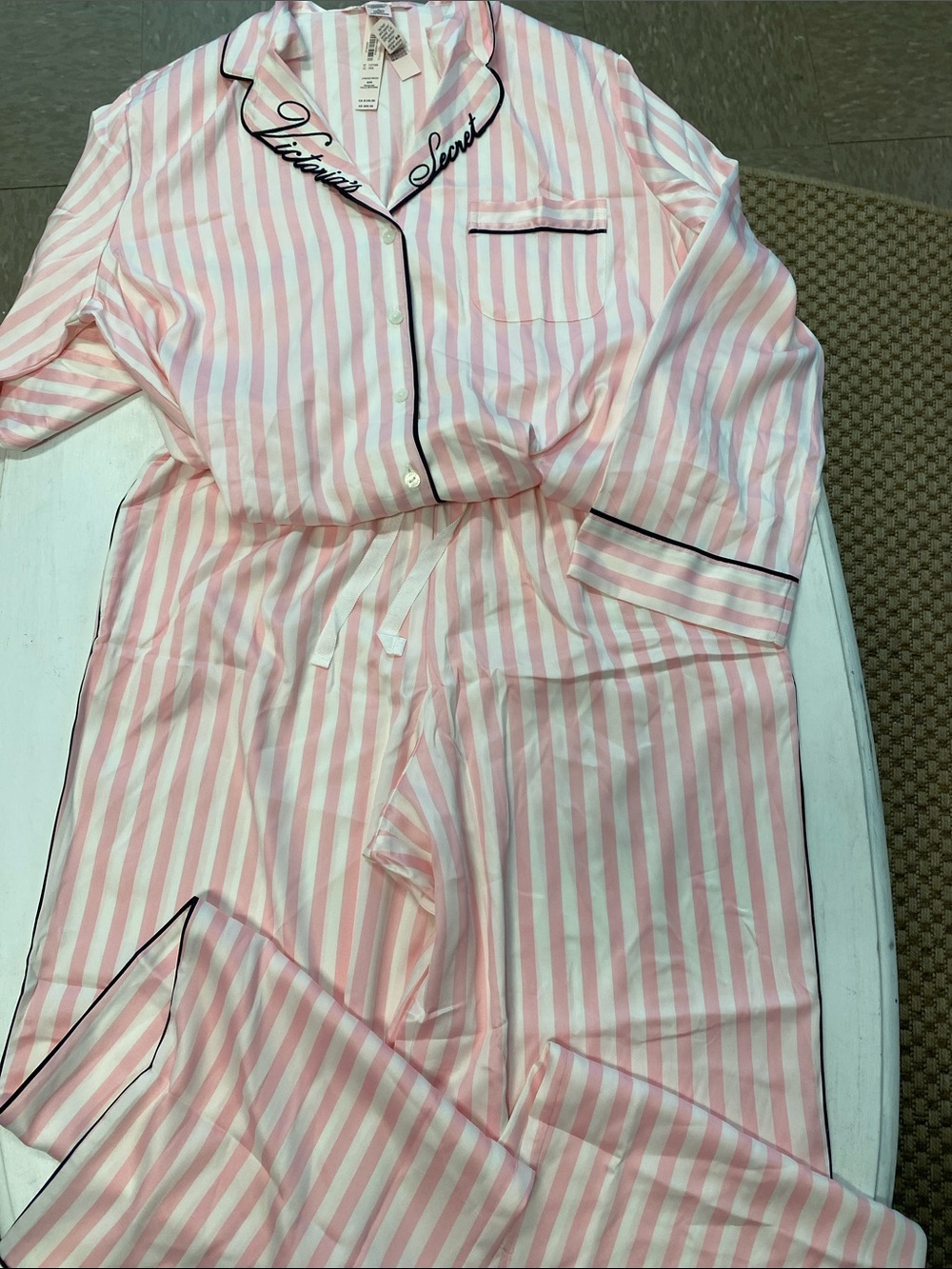 Victoria's Secret Pink & White Striped Women’s Pajama Set with Black Piping